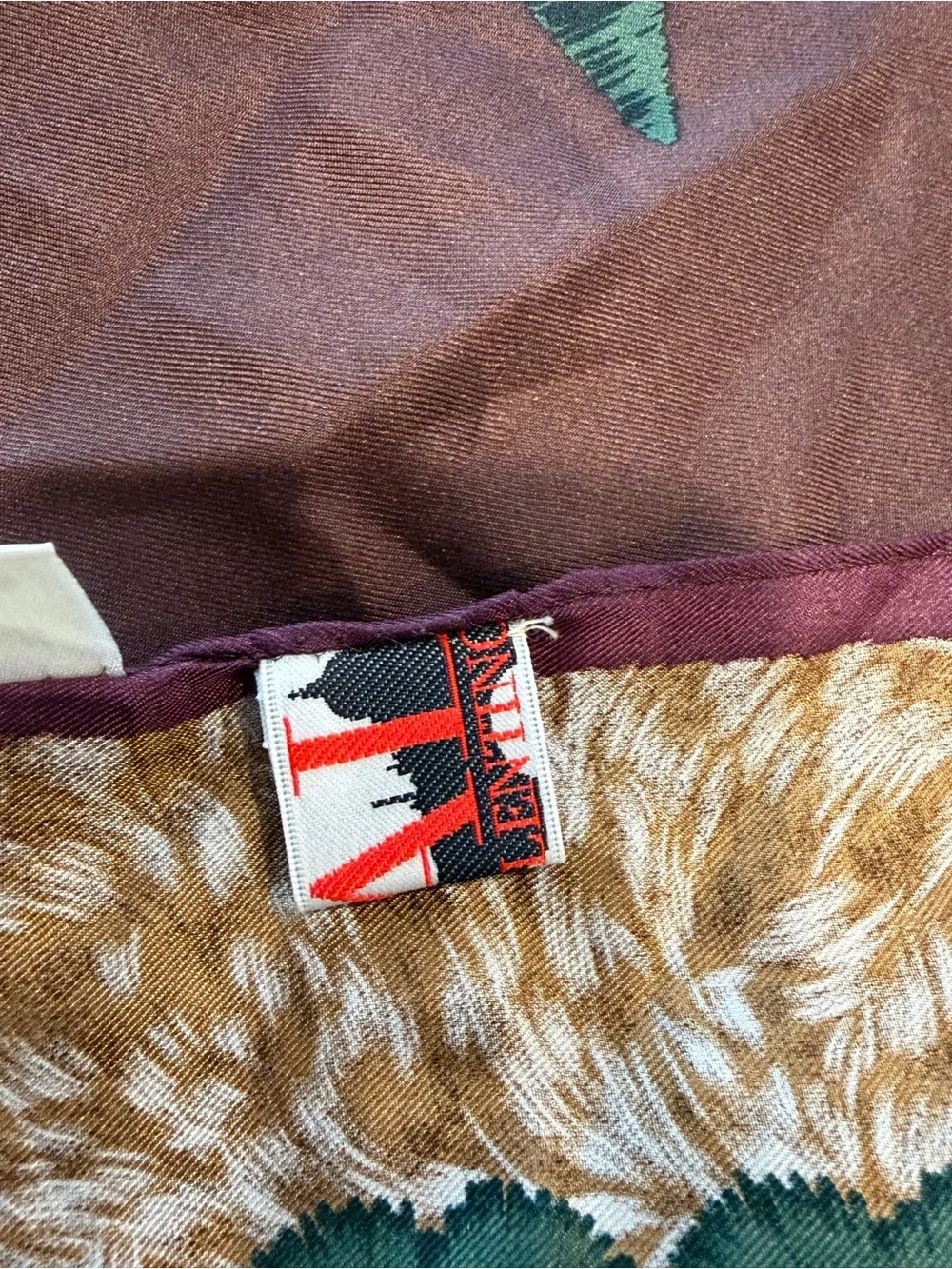 Silk Monogram Valentino Scarf in Brown with Teal Trim